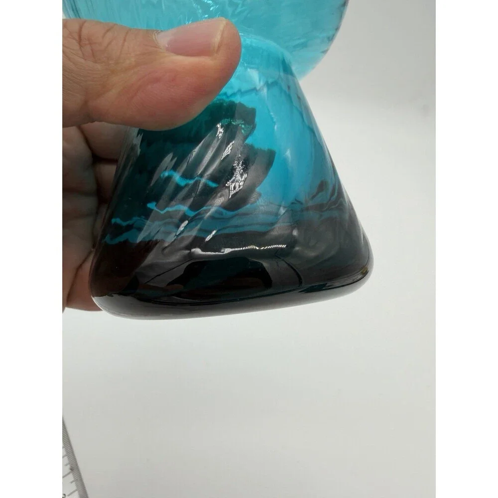 Empoli Italy Handblown Art Glass Diamond Optic Teal Pedestal Vase 8.5” Swirl